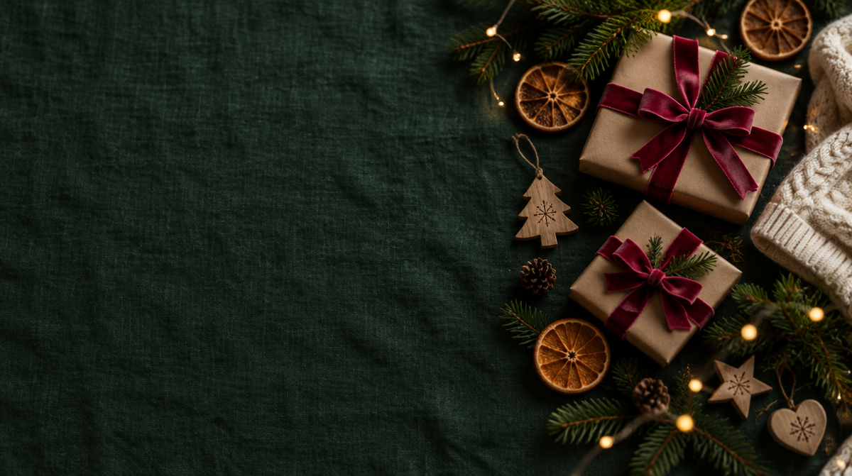 Christmas gift boxes with red ribbon and fir on green linen