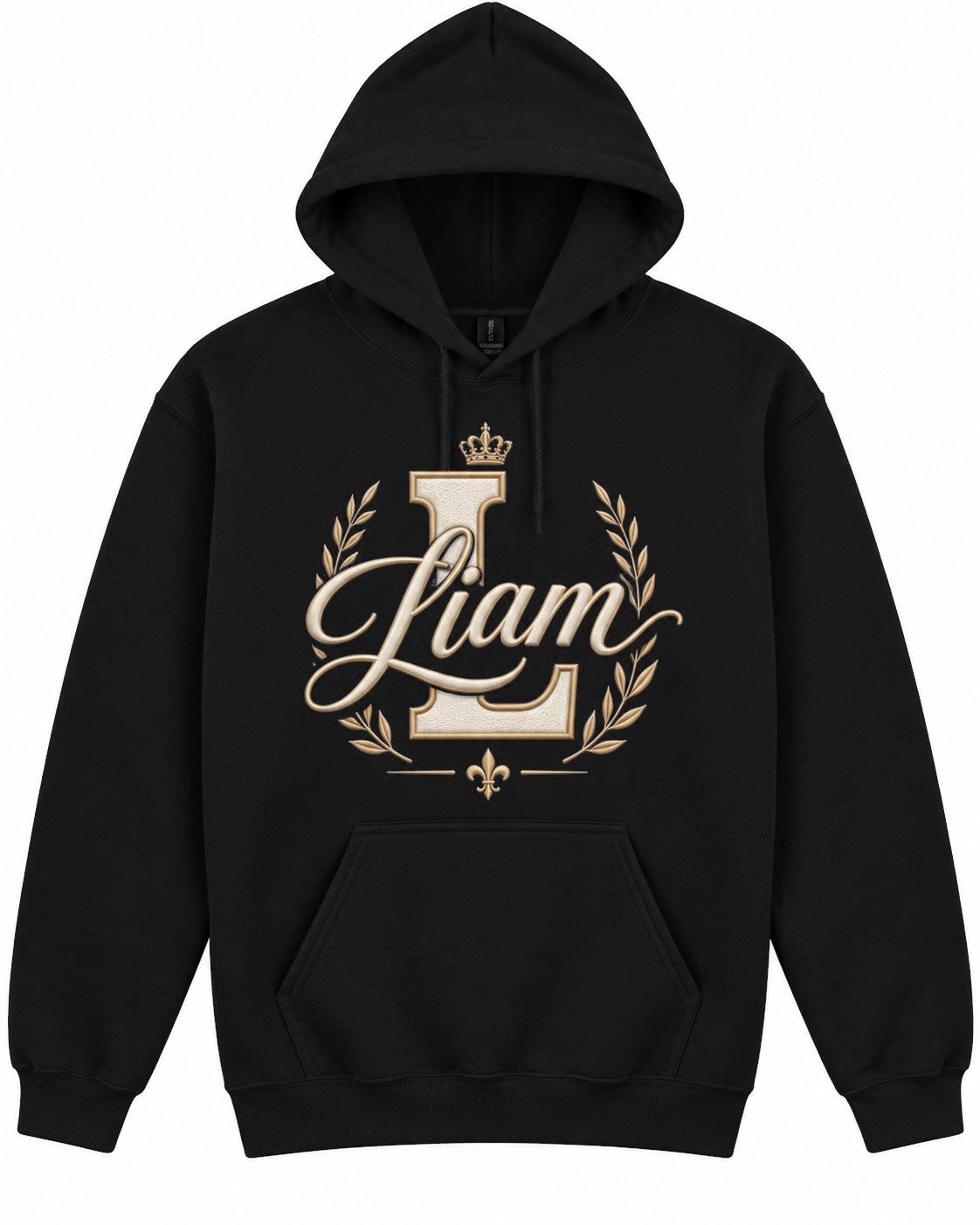 Black personalized hoodie, example name Liam