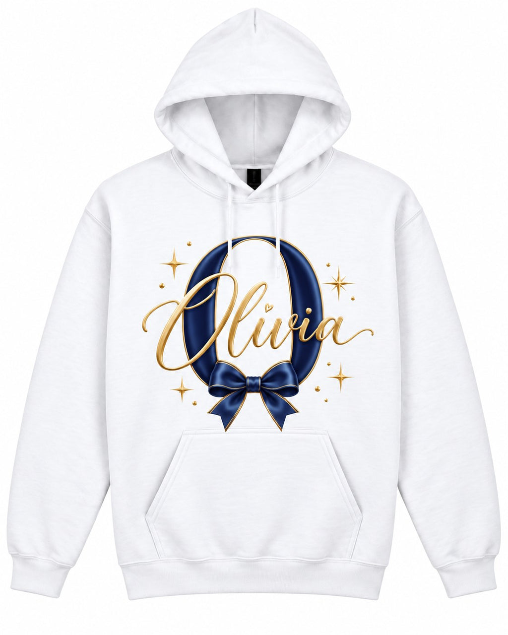 White personalized hoodie, example name Olivia