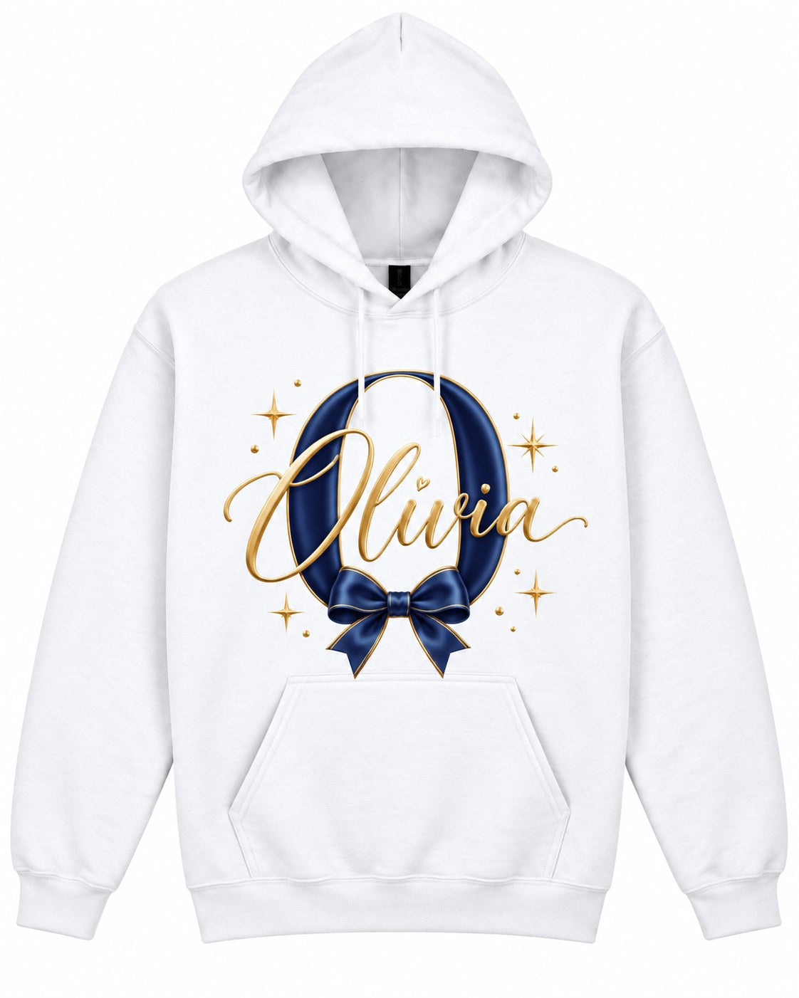 White personalized hoodie, example name Olivia