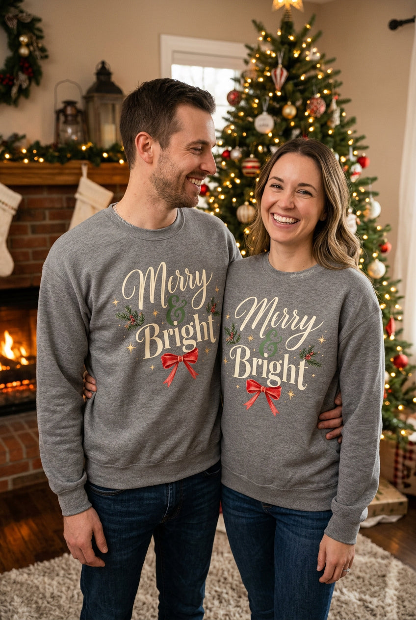 Dark Heather Merry & Bright crewneck, details
