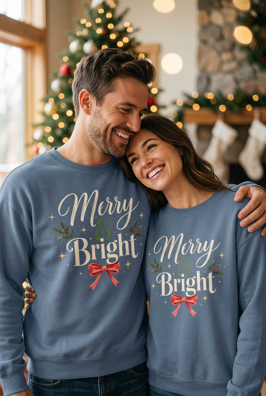 Slate Blue Merry & Bright crewneck, styled photo