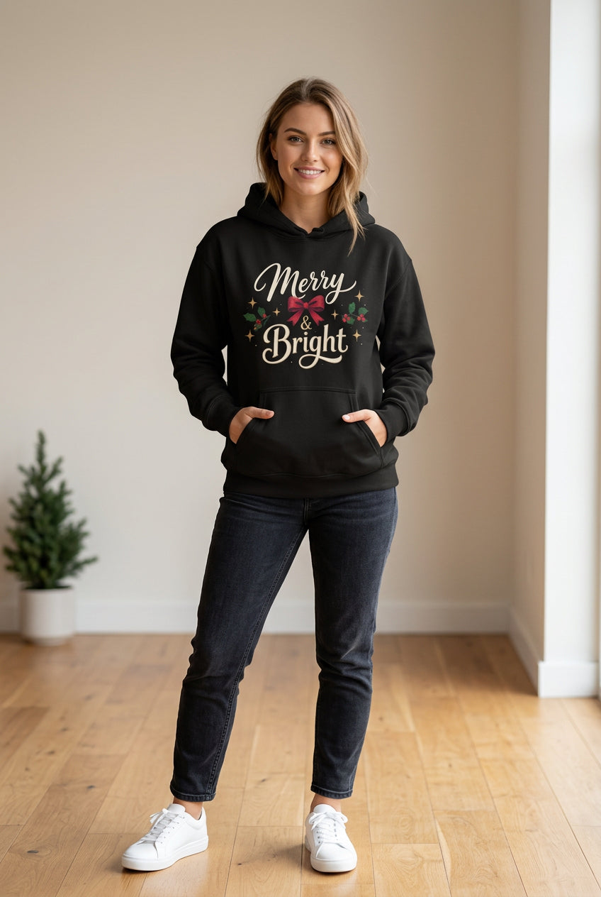 Black Merry & Bright hoodie, design close-up