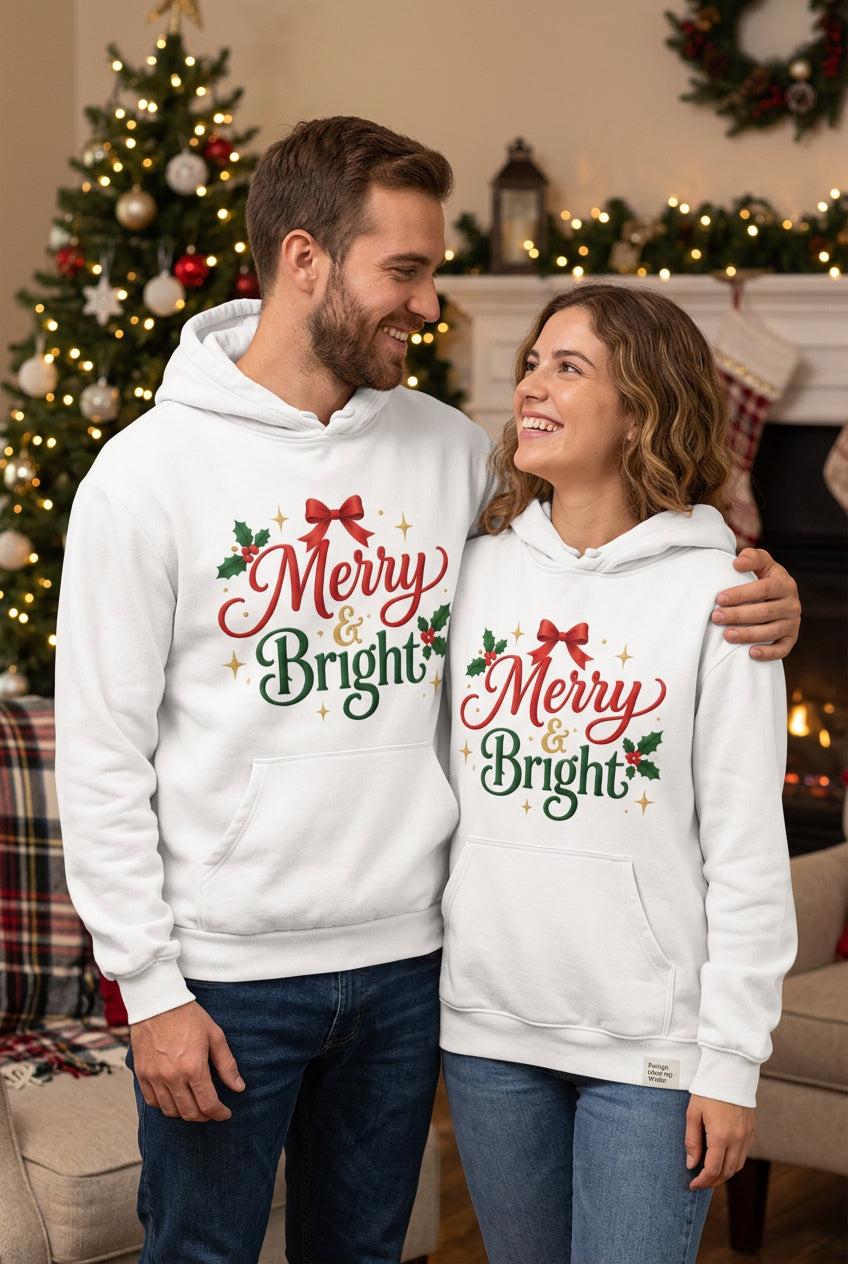 White Merry & Bright hoodie, design close-up