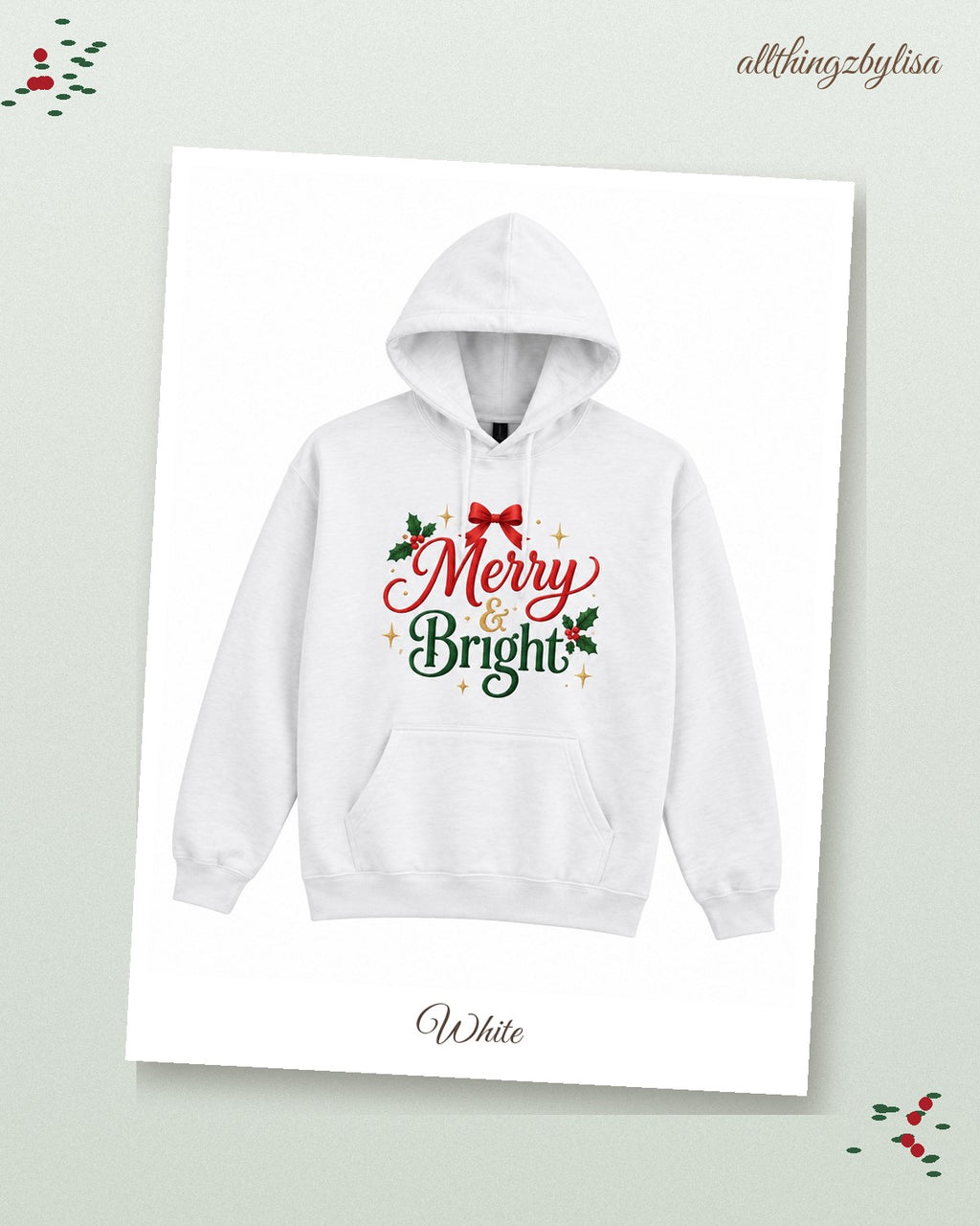 White Merry & Bright hoodie, styled photo