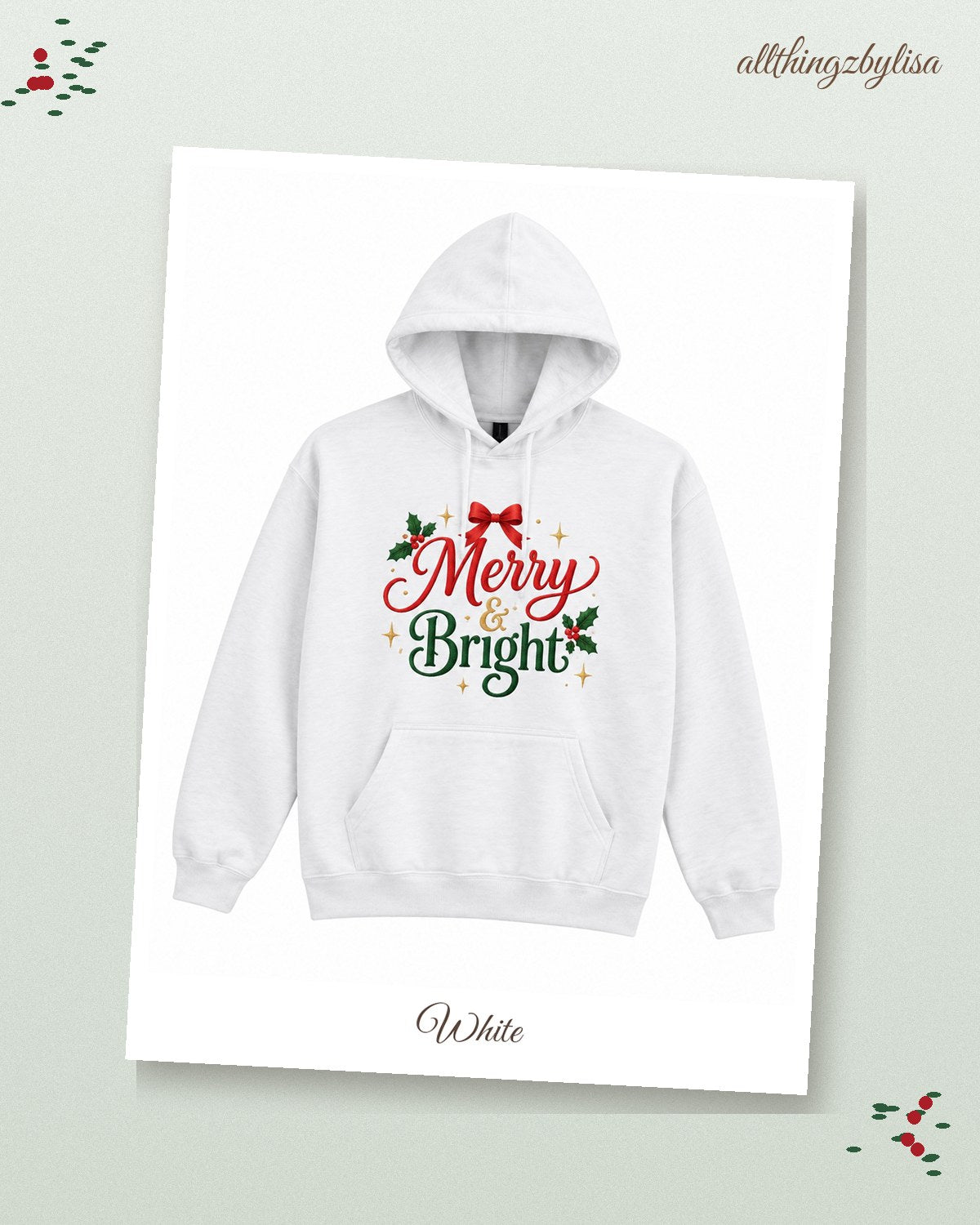 White Merry & Bright hoodie, styled photo