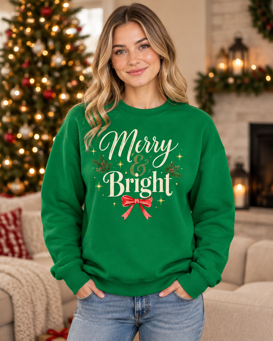 Irish Green Merry & Bright crewneck on a model