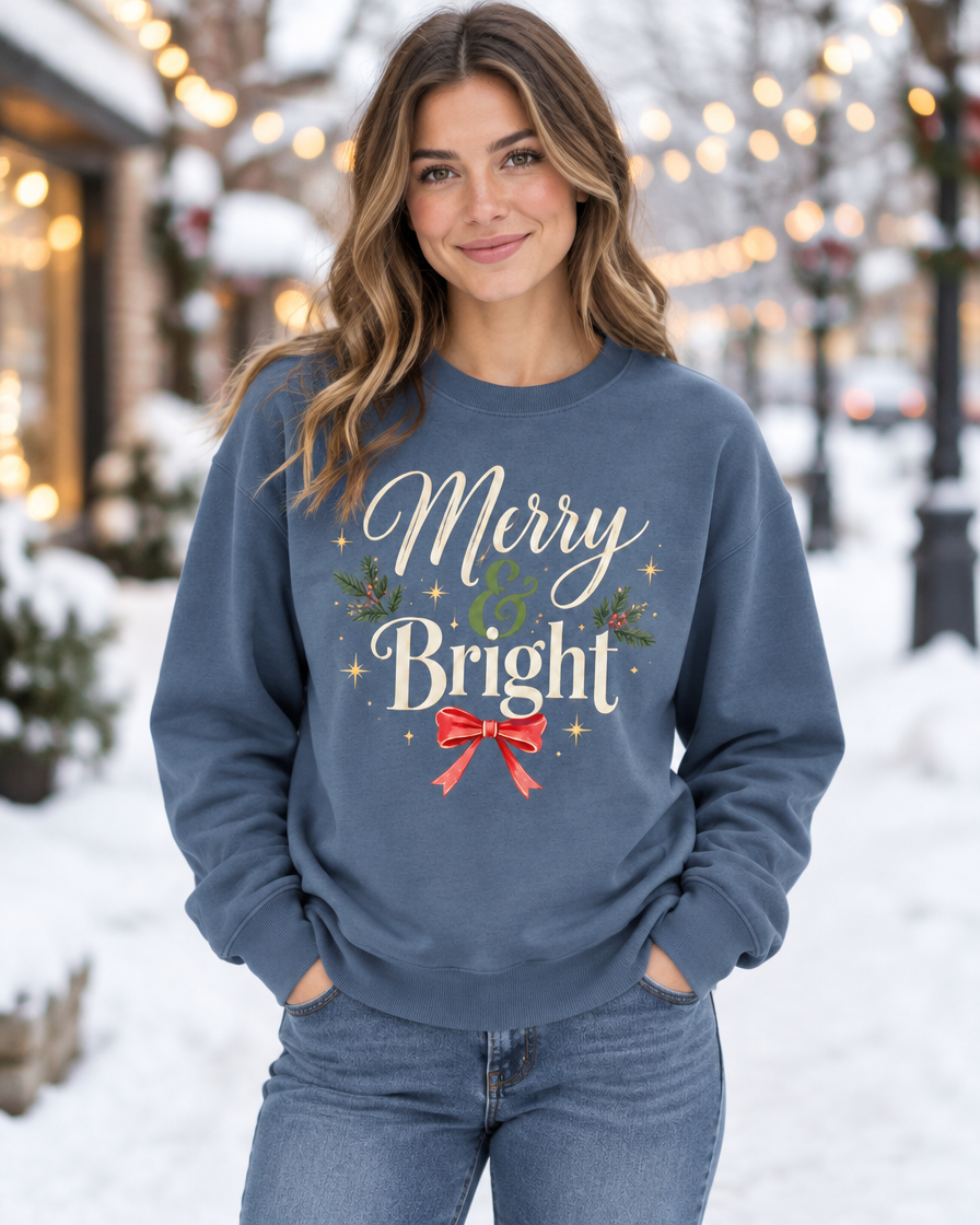 Slate Blue Merry & Bright crewneck on a model