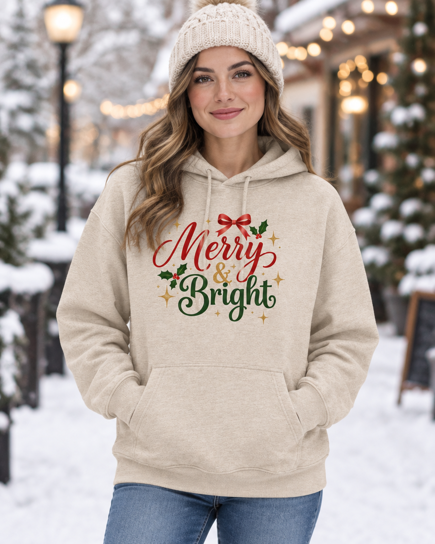 Sand Merry & Bright hoodie on a model