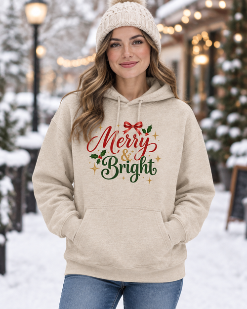 Sand Merry & Bright hoodie on a model