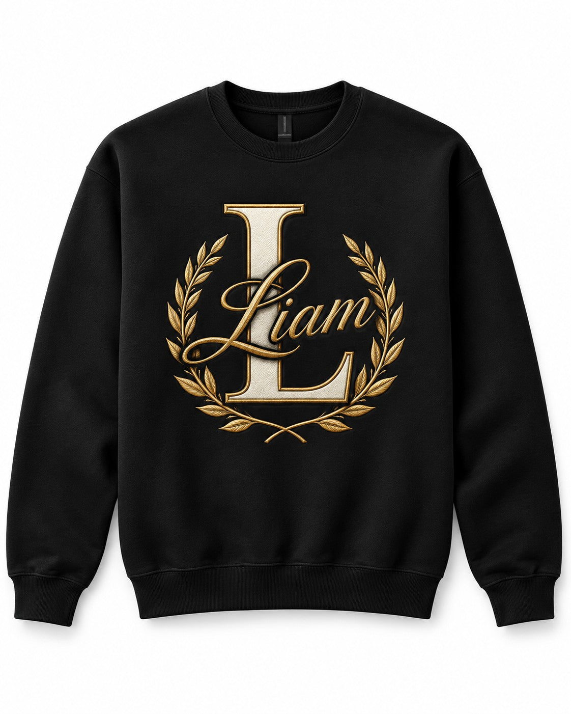 Black personalized crewneck, example name Liam
