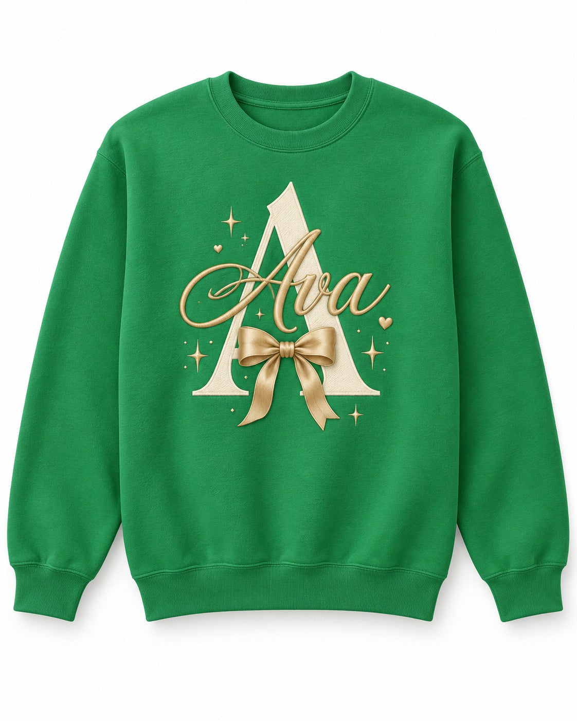Irish Green personalized crewneck, example name Ava