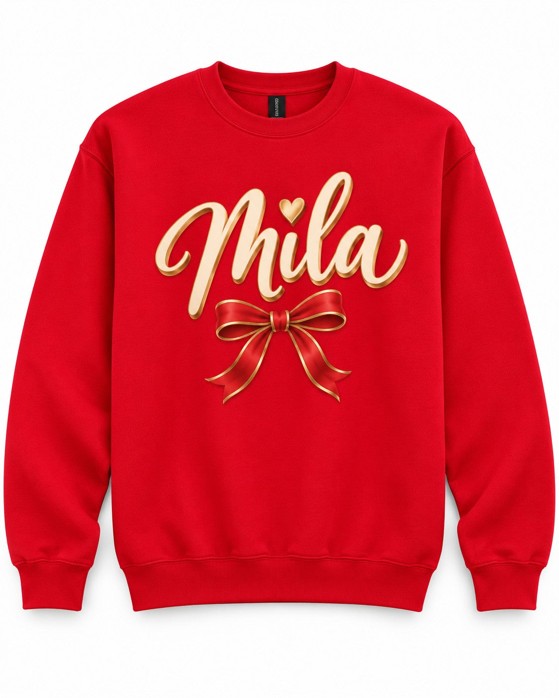 Red personalized crewneck, example name Mila