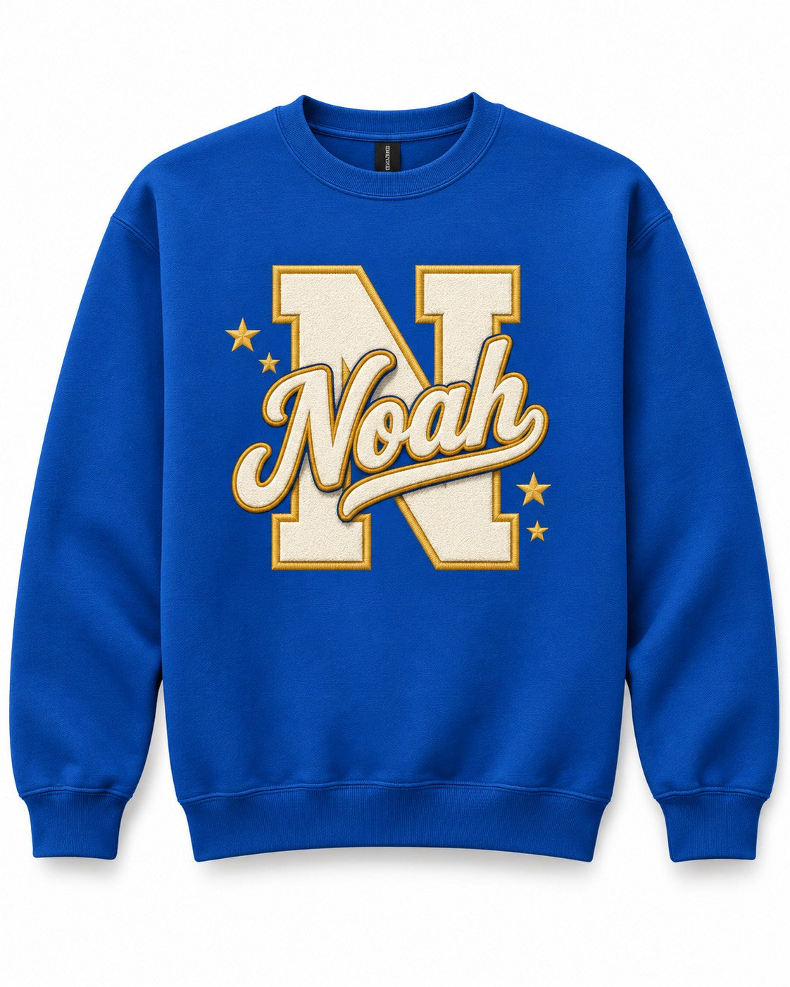 Royal blue personalized crewneck, example name Noah
