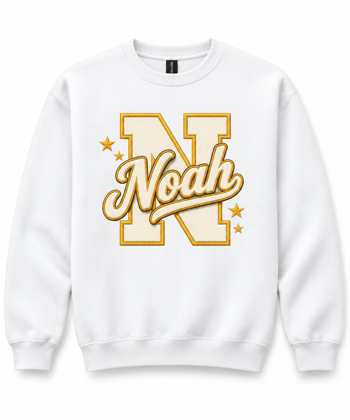 White personalized crewneck, example name Noah