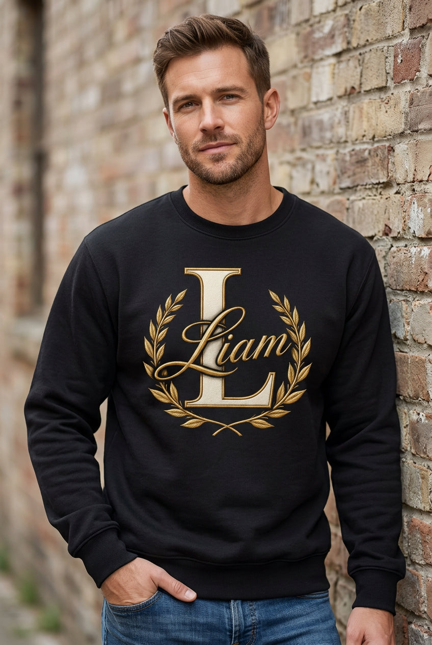 Black personalized crewneck, design close-up