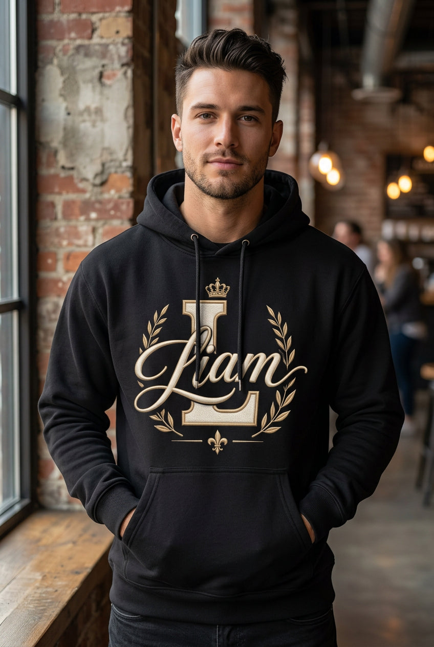 Black personalized hoodie, design close-up