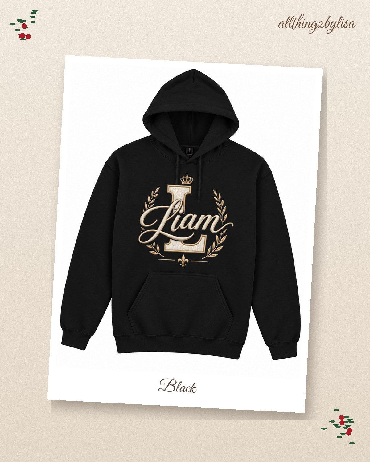 Black personalized hoodie, styled photo