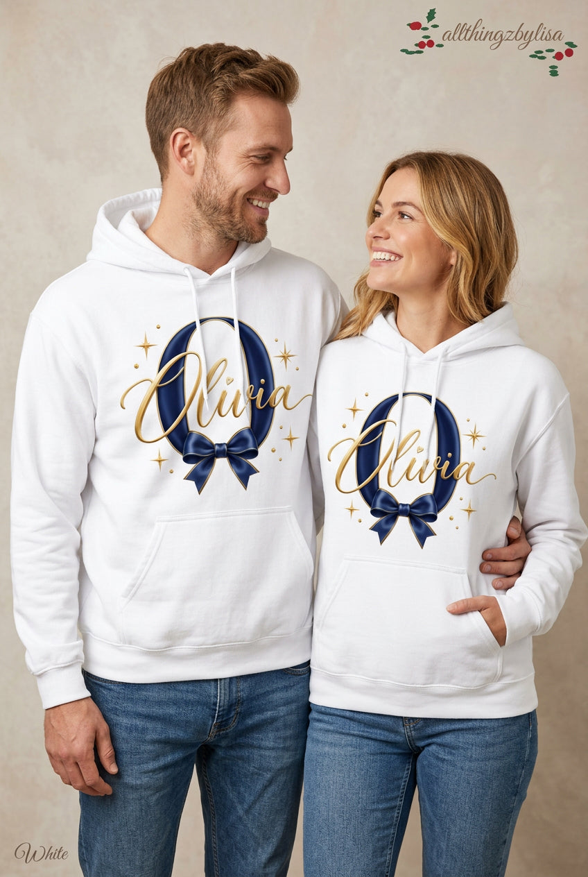 White personalized hoodie, styled photo